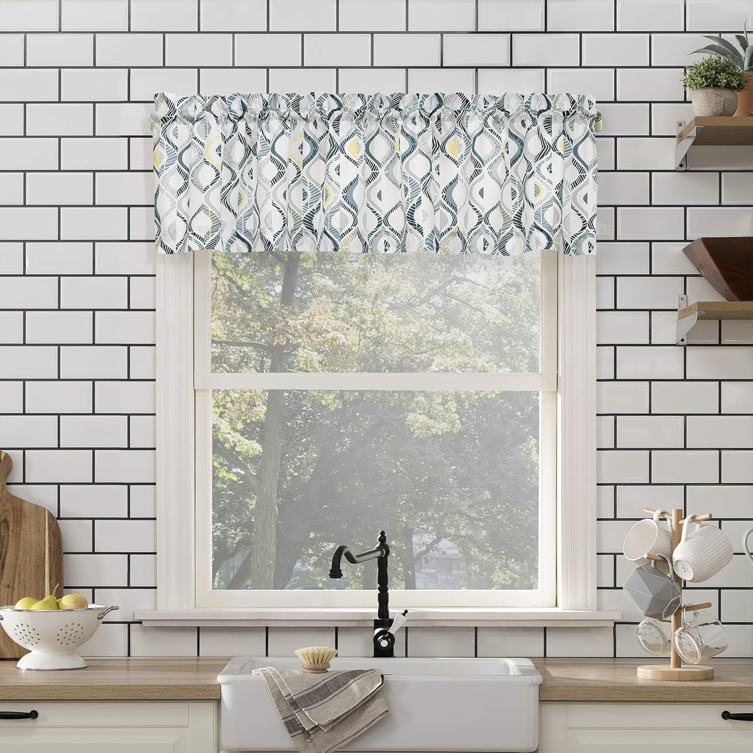 No. 918 Barker Geometric Semi-Sheer Rod Pocket Kitchen Curtain Valance and Tiers Set, 54" X 36", White image number 6