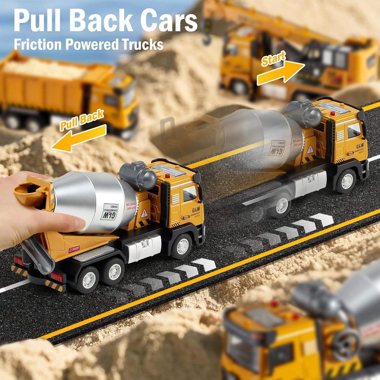 Uandhome Construction Cement Mixer Toy Truck for Boys,Alloy Realistic Pull Back Truck with Lights and Sound, Perfect Birthday for Toddlers Kids Ages 3-8 (Cement Mixer Truck) - Exacavator Truck image number 2