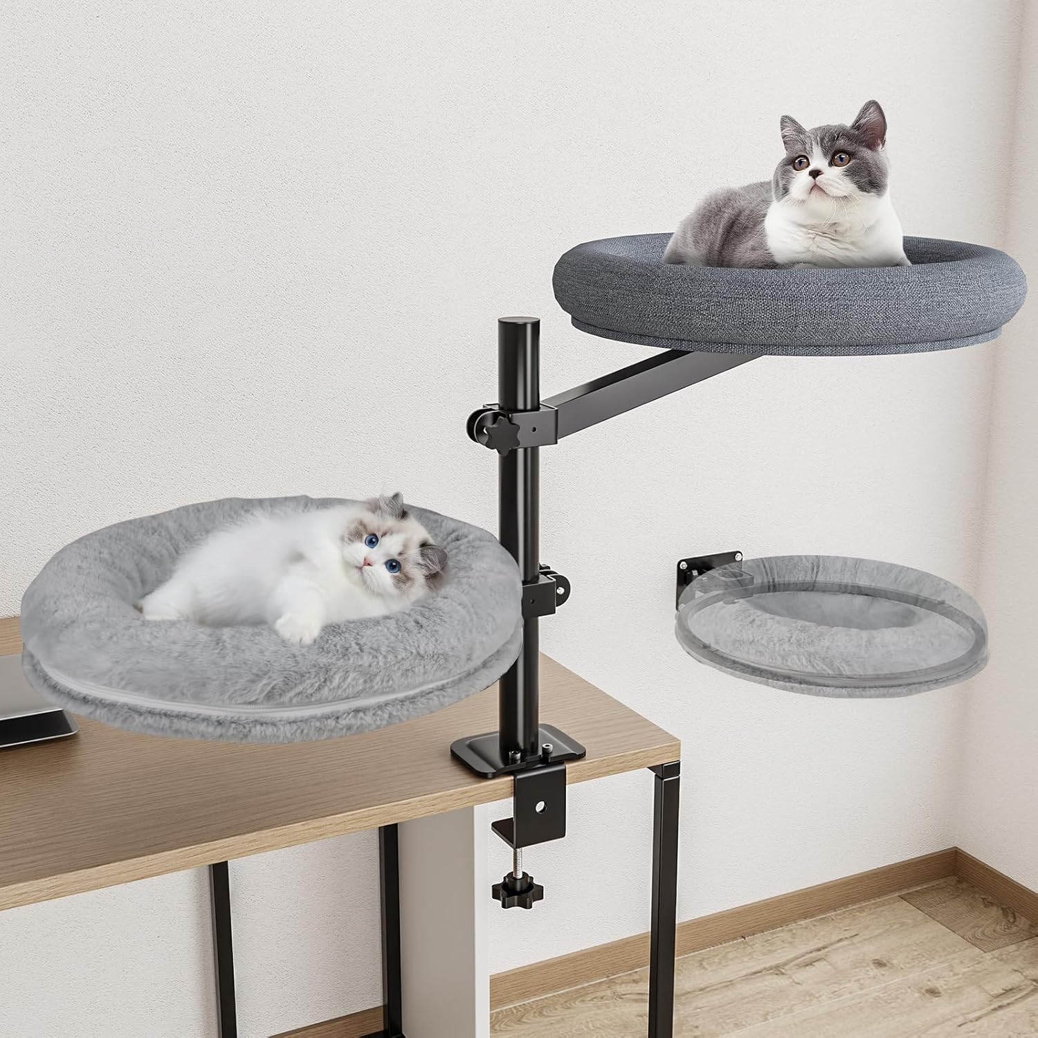 Double Cat Desk Bed, 360&deg; Rotating Elevated Desk Cat Bed, Adjustable Raised Desk Kitten Bed up to 80 LBS, Washable Soft Fabric Pet Desks Nest Beds, Cat Hammock Wall Mounted for Office and Game Tables image number 3
