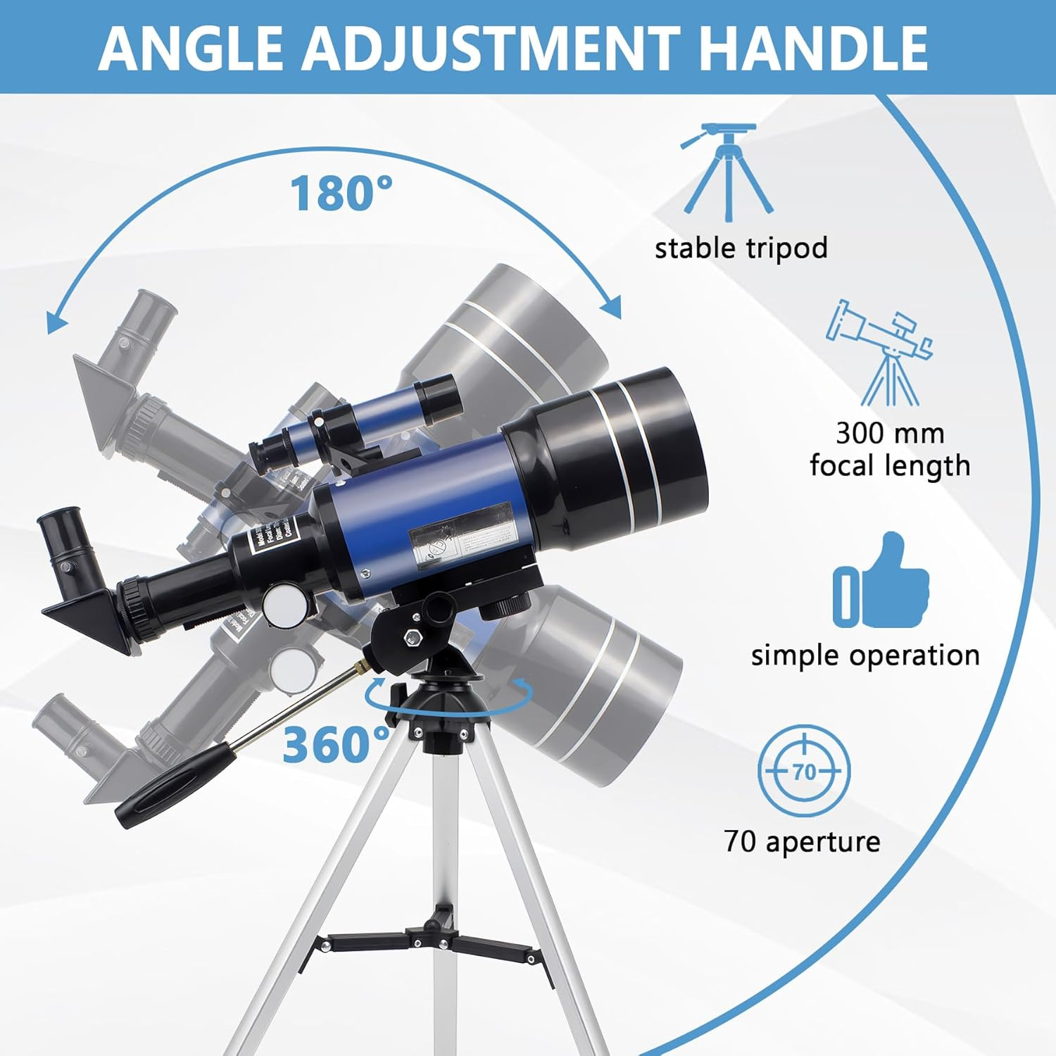 Telescope, Telescopes for Adults Kids Beginners, 70Mm Aperture Astronomy Refractor Telescopes (15X-150X) with Portable Tripod, Phone Adapter (Blue) image number 5