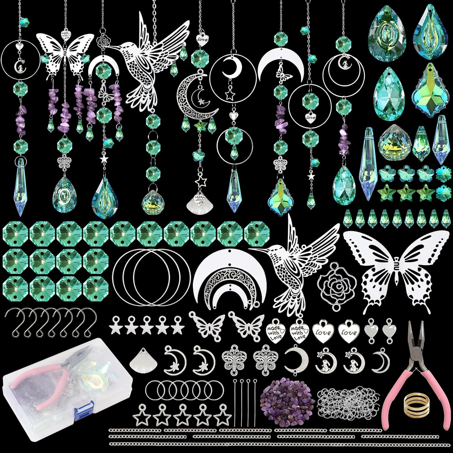 ASTNIC 400Pcs Crystal Suncatchers Making Kits,Diy Sun Catchers Making Supplies Kit Silver Butterfly Hummingbird Hanging Prism Ornament Crystal Ball Rainbow Maker for Window Home Garden Christmas Decor image number 5