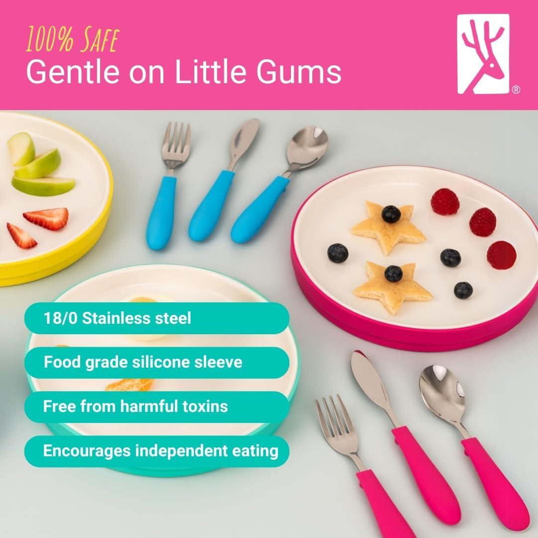 Elk and Friends Kids Silverware with Silicone Handle | Childrens Safe Flatware | Spoon + Fork + Knife Utensil Set | 4 Years+ | Stainless Steel Cutlery | Dishwasher Safe | 6 Pieces image number 1