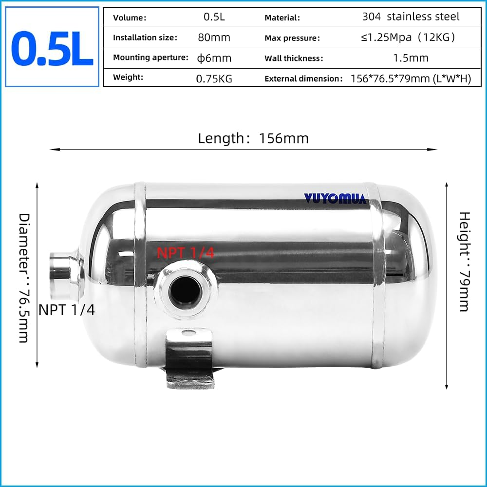 304 Stainless Steel High Pressure Mini Small Portable Air Tank Air Reservoir Water Storage Tank (0.5L-SG) image number 3
