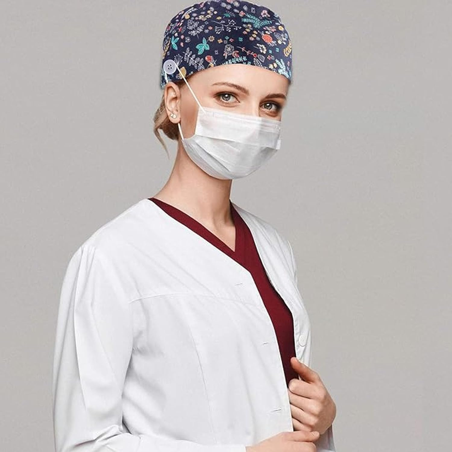 DONHUA Cute Printed Bouffant Scrub Caps with Button & Adjustable Sweatband for Women image number 4