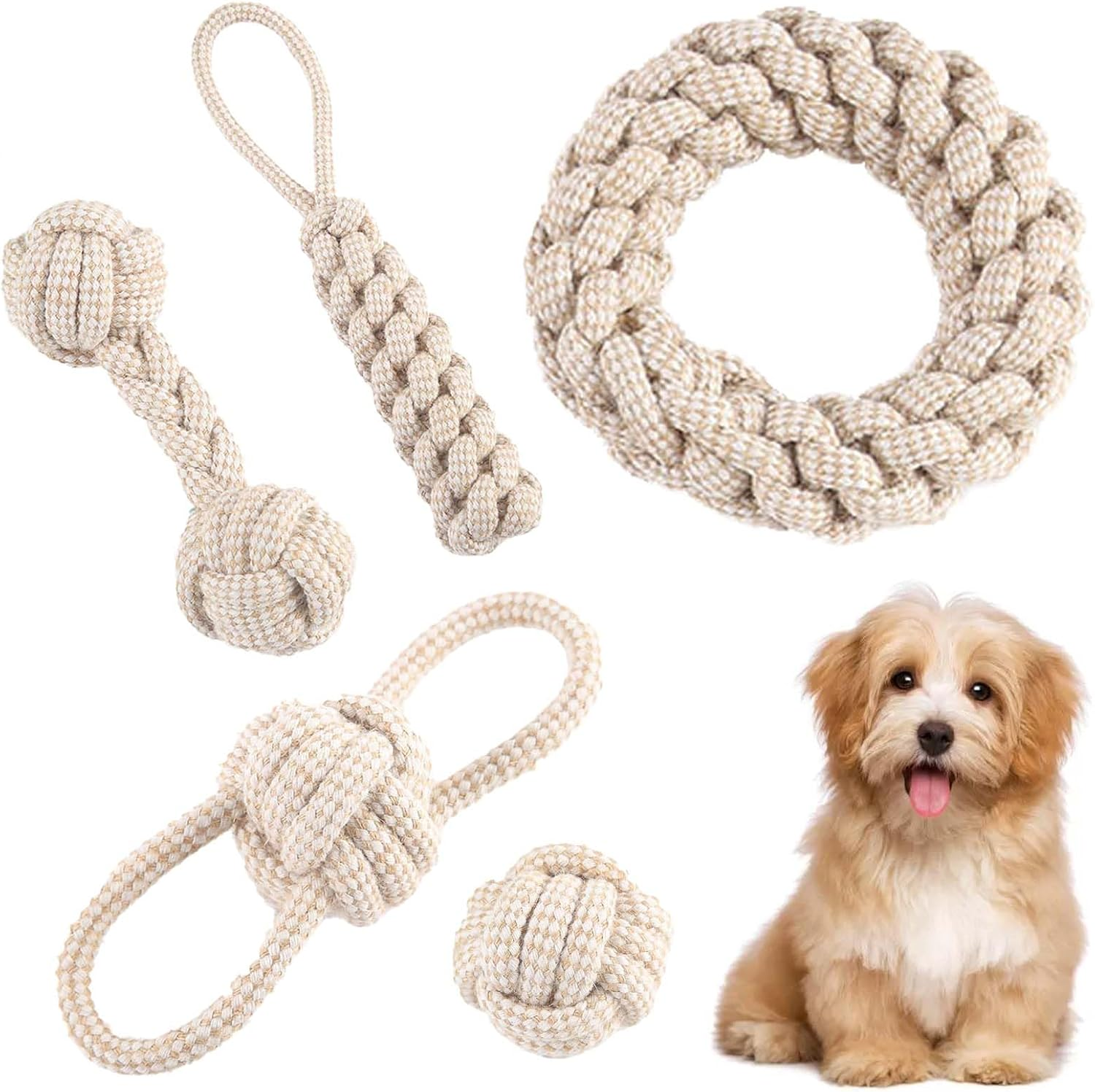 5-Piece Chew Dog Toy Set, Interactive Chew Toy Made of Natural Cotton, Dog Toy Rope with Knot Ball, for Small, Medium, Large Puppies, Cats, Pets, Dental Care, Beige Linen image number 2