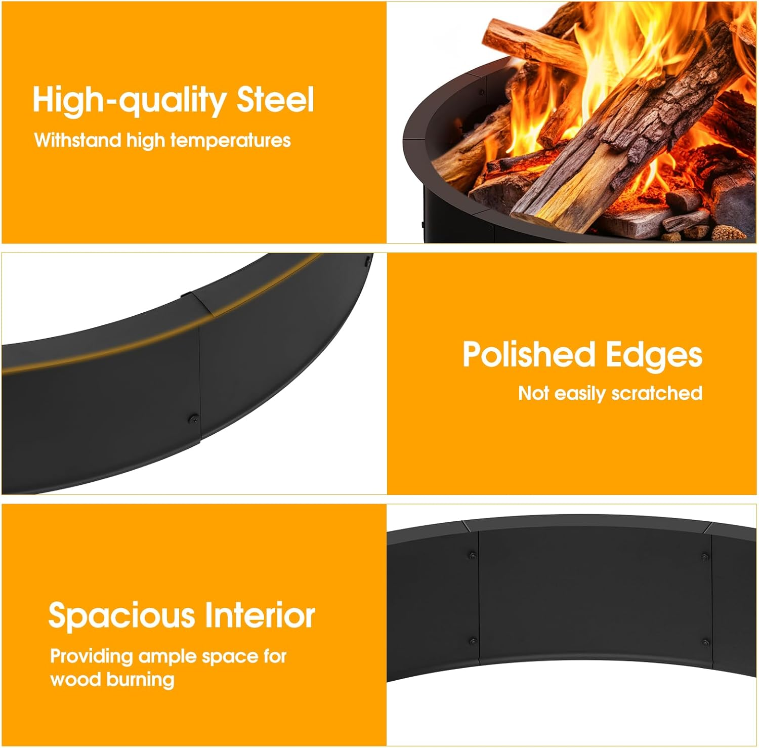 Outdoor Fire Pit Ring Insert, Fire Ring for Outside, Liner 46-Inch Outer/43-Inch Inner Diameter, Large round Wood Burning Firepits Rim Insert for Backyard Bonfire, Patio, Camping, Black image number 3