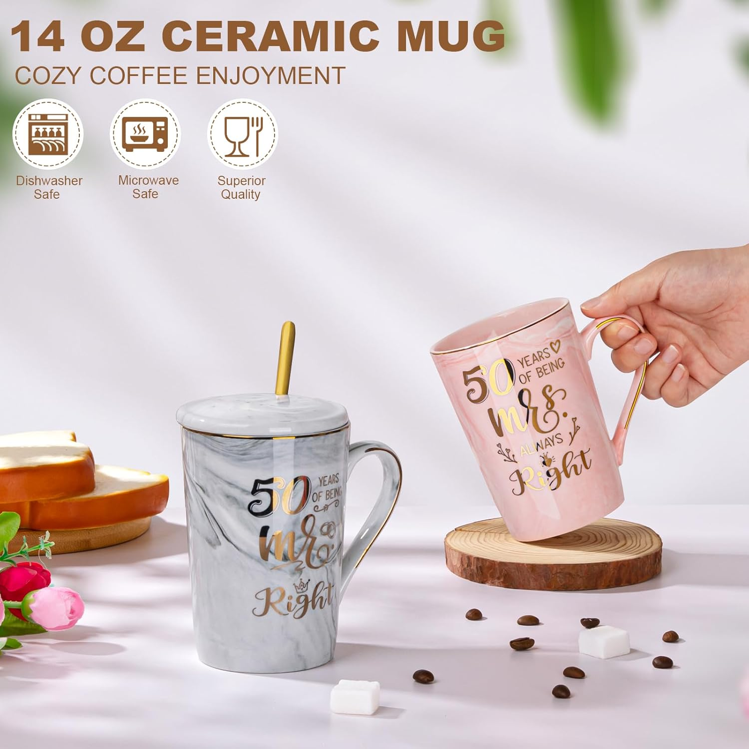 ALBISS 50Th Wedding Anniversary Coffee Mugs Set - 14Oz Golden 50Th Anniversary Cup Gifts for Couples, Parents, Grandparents, Grandpa, Grandma - 50Th Anniversary Decorations Mug in Pink and Grey, Boxed