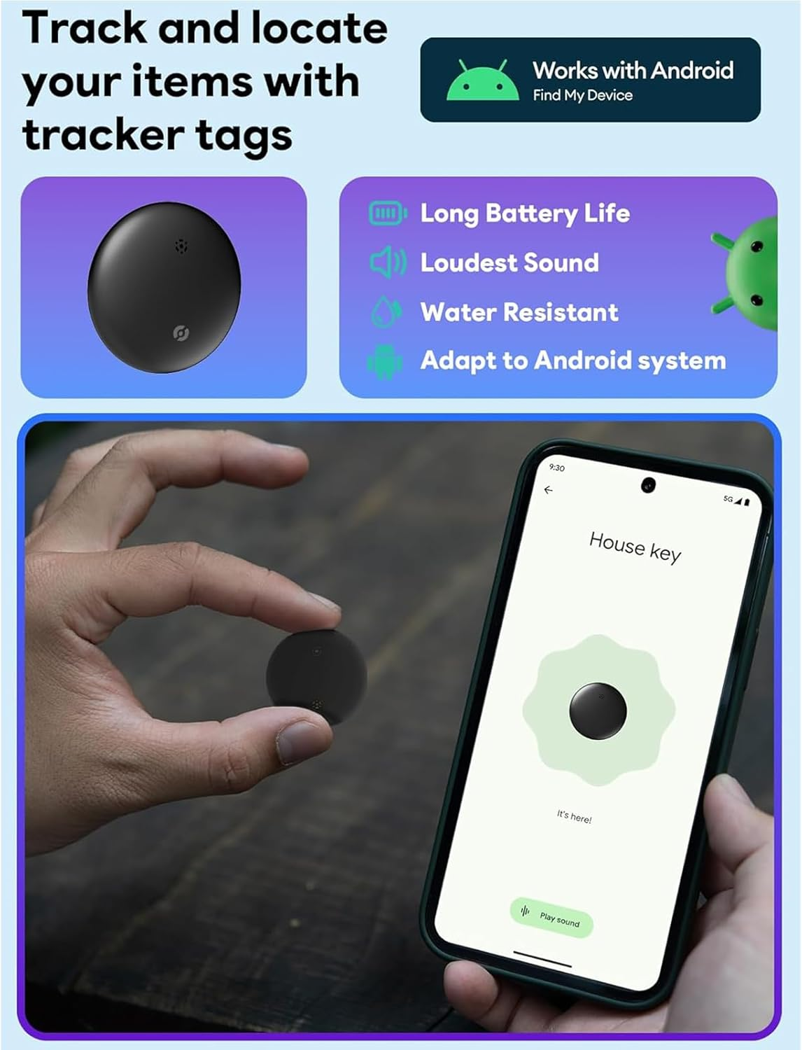 Android Smart Bluetooth Tracker (2025) Compatible Airtag with Google Find My Device, Air Tracker Tags for Android, Key Finder GPS Item Locator for Keys, Bags, Luggage, IP67 Waterproof, with Lanyard image number 2