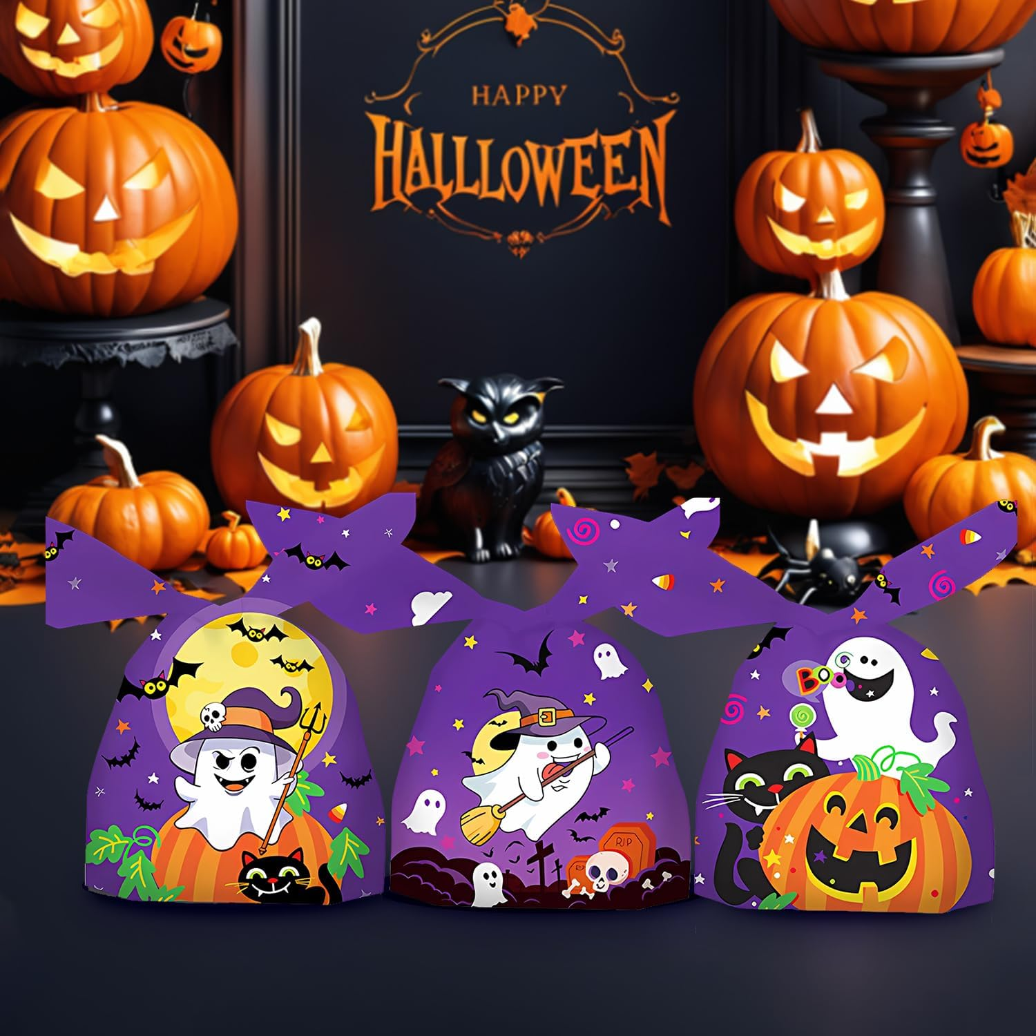 XIJIANG 120 PCS Halloween Candy Bags,14 X 23 CM Halloween Treat Bags, Gift Bag,Birthday Parties, Halloween Candy Bags Party Supplies,12 Patterns in Total. image number 1