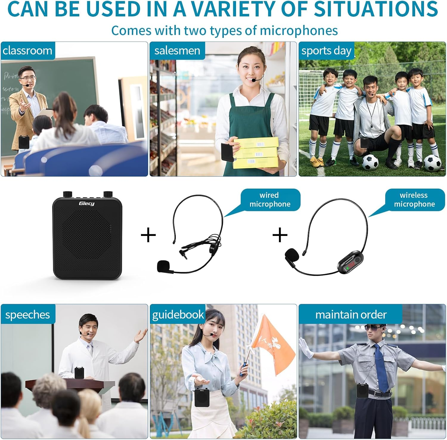 Giecy Voice Amplifier with Wireless Microphone, 2800Mah Personal Amplifiers Portable Bluetooth Megaphone Speaker Teacher Microphone for Tour Guides, Coaches, Meeting