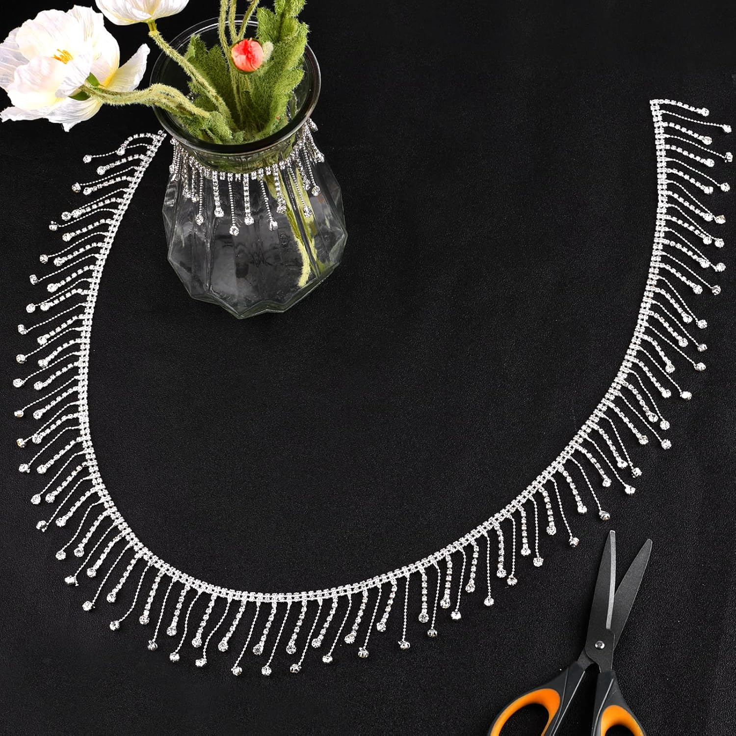 Savita 2 Yard Rhinestone Ribbon Tassel Chain, Glitter Rhinestone Fringe Trim with Drop Shaped Pendant Crystal Tassel Trim Diamond Fringe for Wedding Bridal Accessories DIY