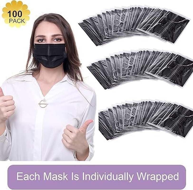 100Pcs Black Face Mask Disposable - Individually Wrapped Black Face Masks 3 Ply Disposable Comfortable Elastic Ear Loop Mask Safety Breathable Mouth Cover - Women Men Individually Wrapped Black Mask image number 1