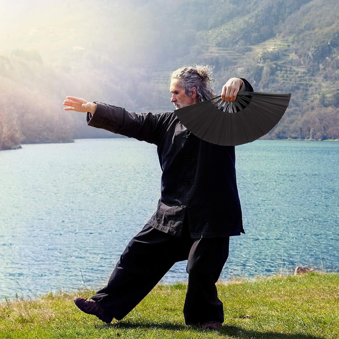 2 Pack Large Folding Hand Fan, Black Chinese Kung Fu Tai Chi Fan, Nylon-Cloth Vintage Retro Fabric Fans Folding Fan for Men and Women Performance, Dance, Decorations, Festival image number 4