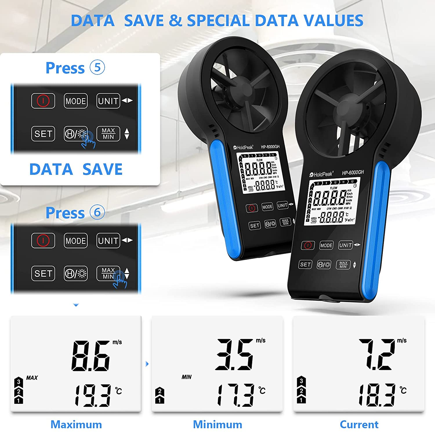 HOLDPEAK Digital Anemometer with Anti-Interference Touch Button, HP-6000GH Type-C Rechargeable Handheld Anemometer Measure Wind Speed, Wind Volume and Temperature, New Outdoor Air Flow Meter image number 6