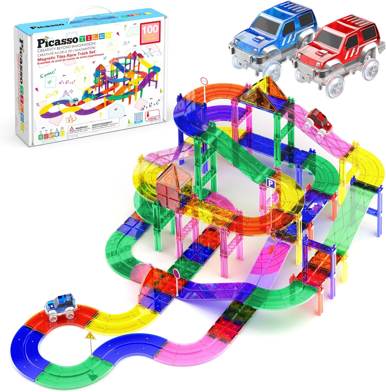 Picassotiles 100 Piece Race Car Track Building Blocks Educational Toy Set Magnet Tiles Block Playset 2 LED Cars STEM Learning Construction Building Kit Child Brain PTR100&hellip; image number 5