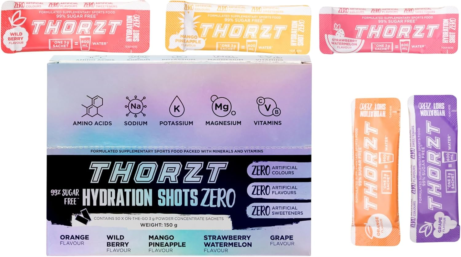 Thorzt Sugar Free Hydration Shot Zero Natural - Pack of 50 Sachets - Electrolyte (MIXED FLAVOURS) - Mango Pineapple - Grape - Orange - Strawberry Watermelon - Wild Berry image number 1
