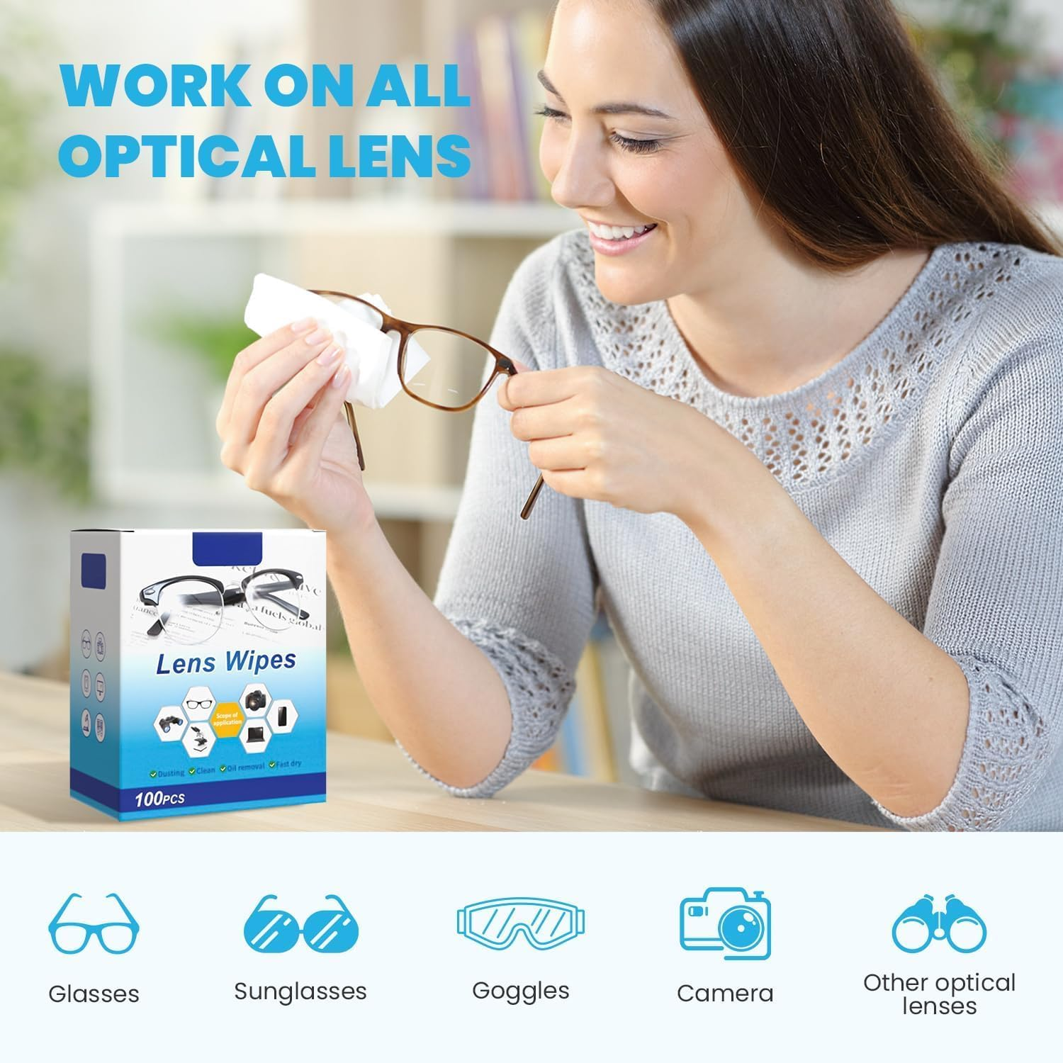 Lens Wipes, 100 Pack Pre- Lens Cleaning Wipes for Eyeglasses, Eyeglass Wipes Moistened Individually Wrapped Sracth-Free Eye Glasses Cleaner Wipes for Camera Lens,Sunglass, Goggles image number 6