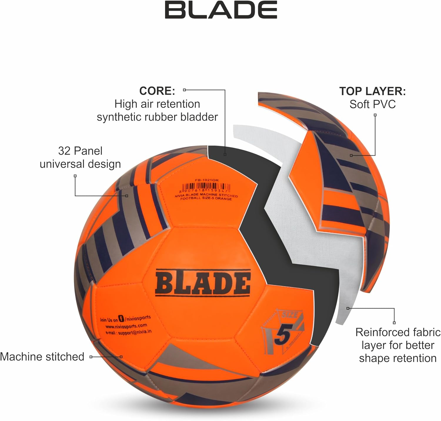 Nivia Blade Size 3 Football - Orange/Pvc Outer | Machine Stitched | Durable Training Ball | Ideal for Matches | Soccer Gear image number 4