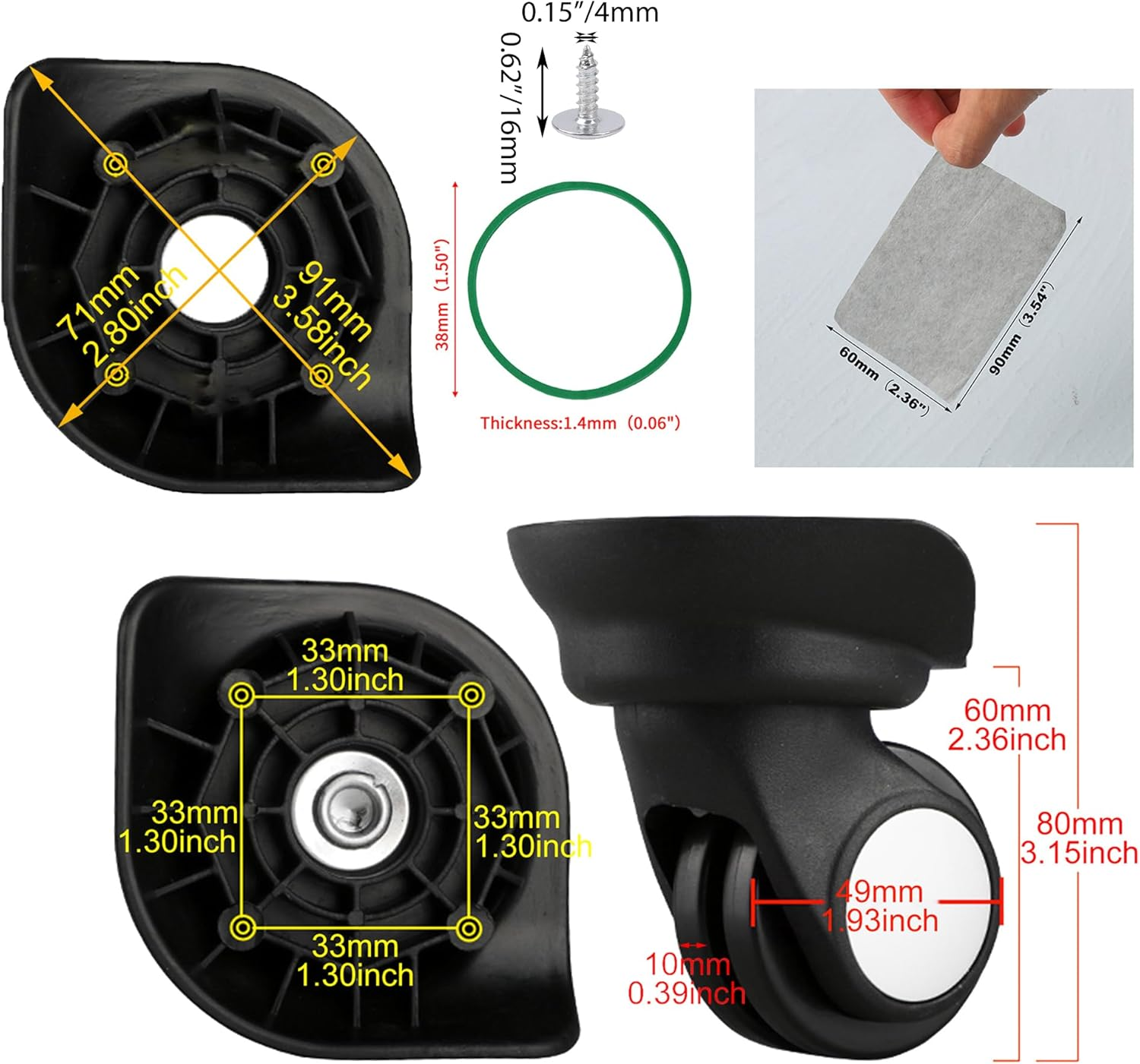 Bstinay W003 2PCS Swivel Suitcase Caster Luggage Replacement Wheels Left Right W/Blotting Sheet image number 1