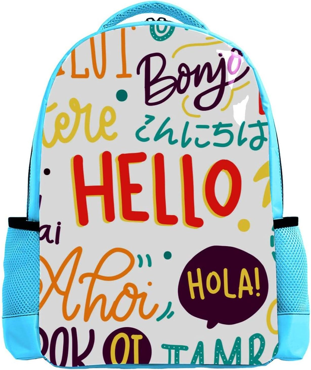 Blue Backpack Boy Bookbags Rucksack Men Travel Handbag Daypack Hello Words in Different Languages image number 1