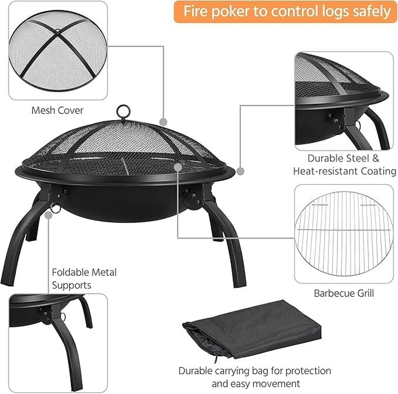 55CM Fire Pit Portable Folding Steel Fire Bowl, Carbon Barbecue Table, Cooking Tea around the Stove for outside Fireplace with Carrying Bag, BBQ Grill, Poker, for Patio Backyard Camping Bonfire image number 3