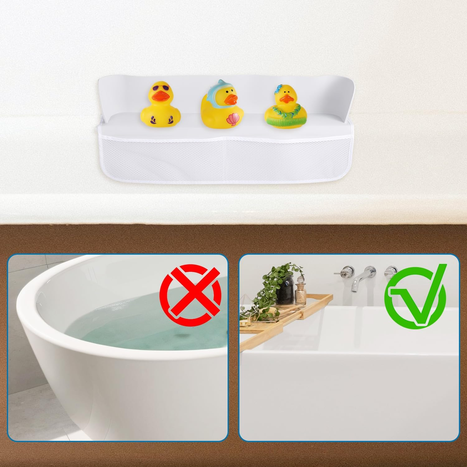 Bathtub Toy Shelf Splash Guard, Splash Protection Play Toy Holder Storage Tray with 4 Mesh Pocket Bag & 8 Suction Cup Super Adsorption, Bath Tub Topper Shelf Organizer for Children Baby Toddler image number 2