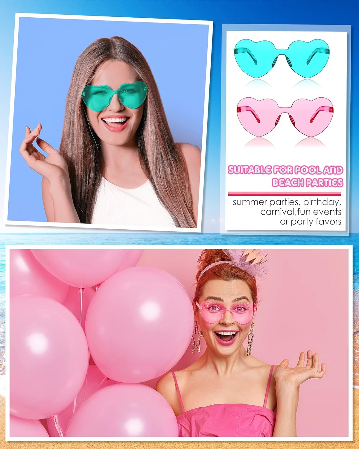 Party Glasses 10 Pack, Rimless Heart Shaped| Retro round Sunglasses, Multipack Eyewear for Party Fancy Dress Costume, Love Heart| Funky Glasses for Men Women Adults