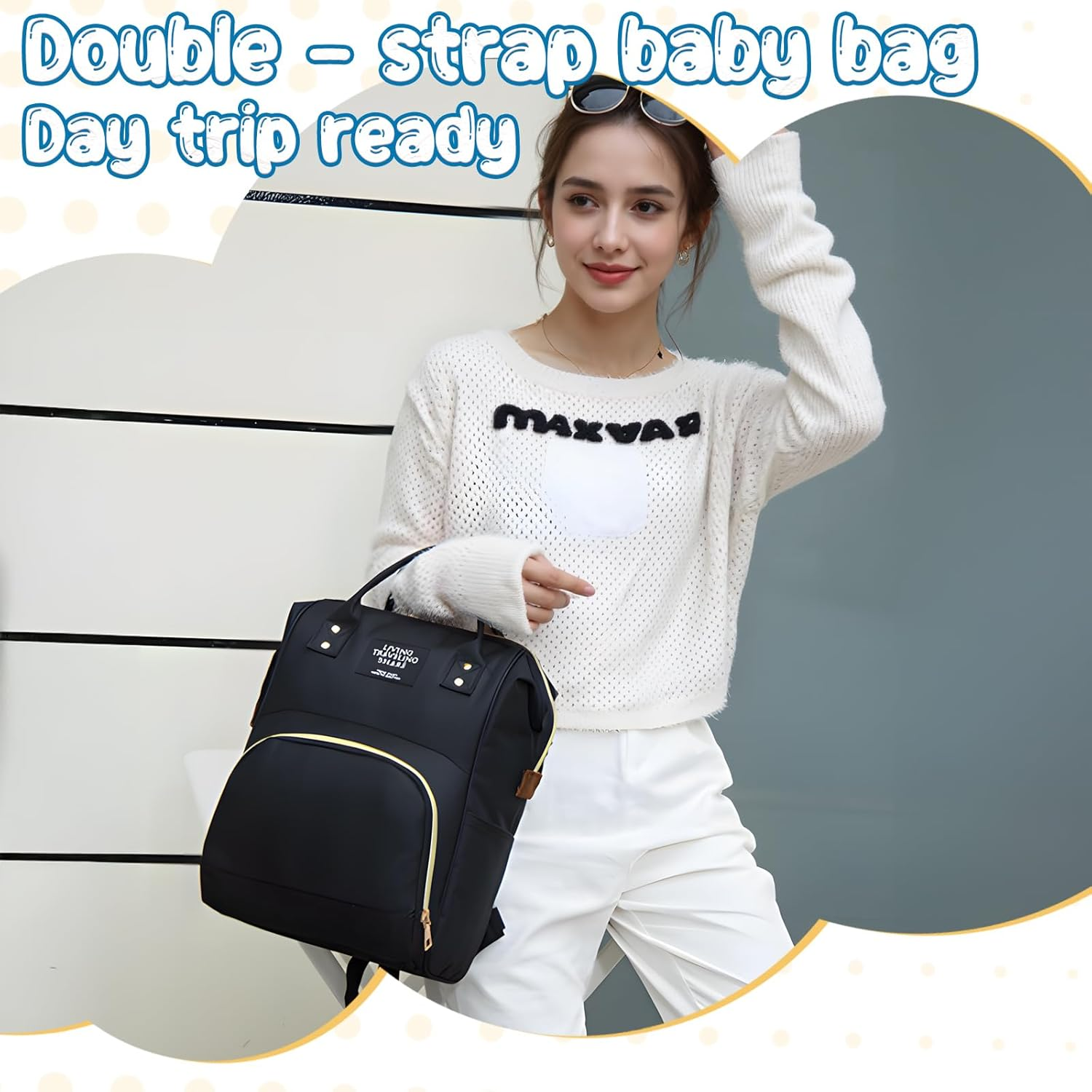 Fiohiros Nappy Bags for Baby - Waterproof Baby Bag for Mum with Insulated Pockets, Large Nappy Backpack & Stroller Straps, Hospital Bag Maternity Essentials - Black image number 5