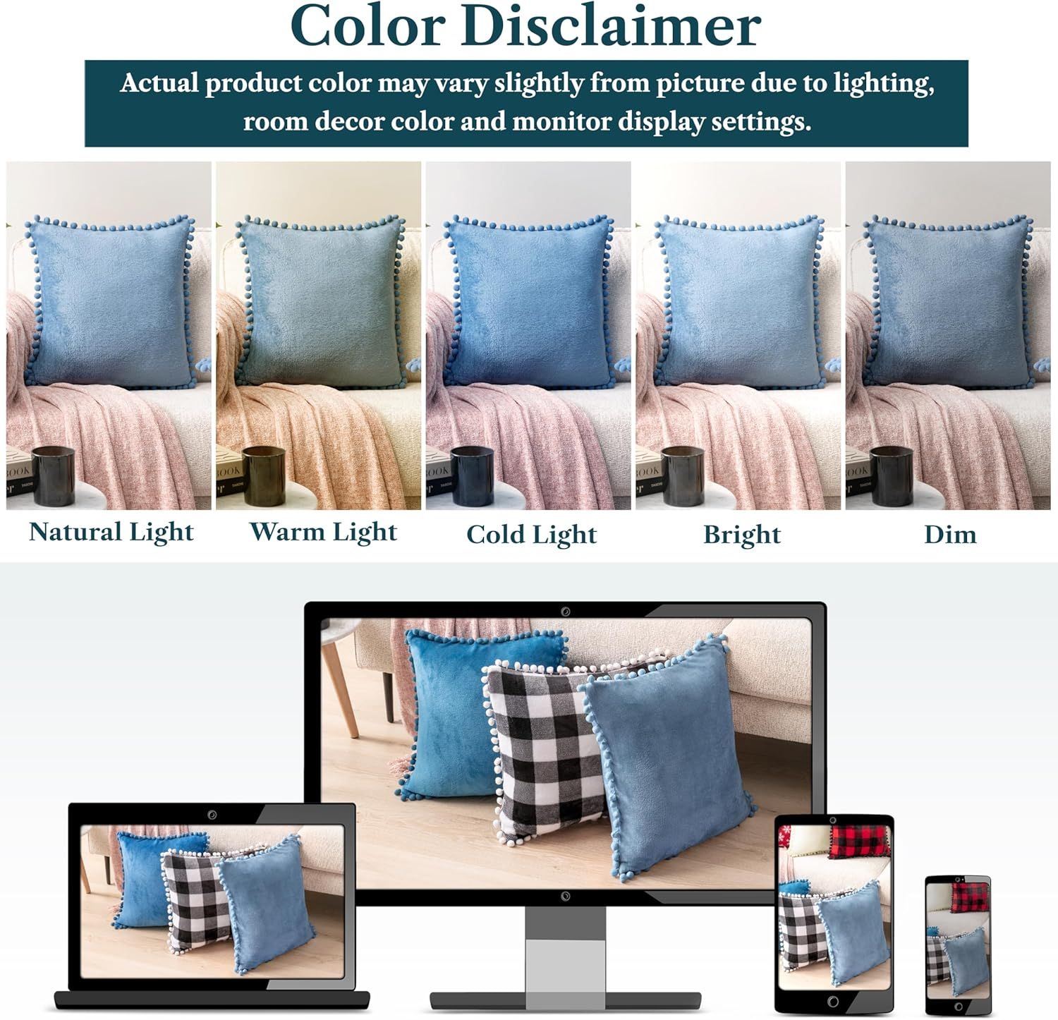 PAVILIA Dusty Blue Throw Pillow Covers Pom Pom 18X18 Set of 2, Decorative Pillow Cases Bed Sofa Couch, Boho Accent Decor Cushion Bedroom Living Room, Velvet Square Euro Sham Pompoms, Light Slate Blue image number 3