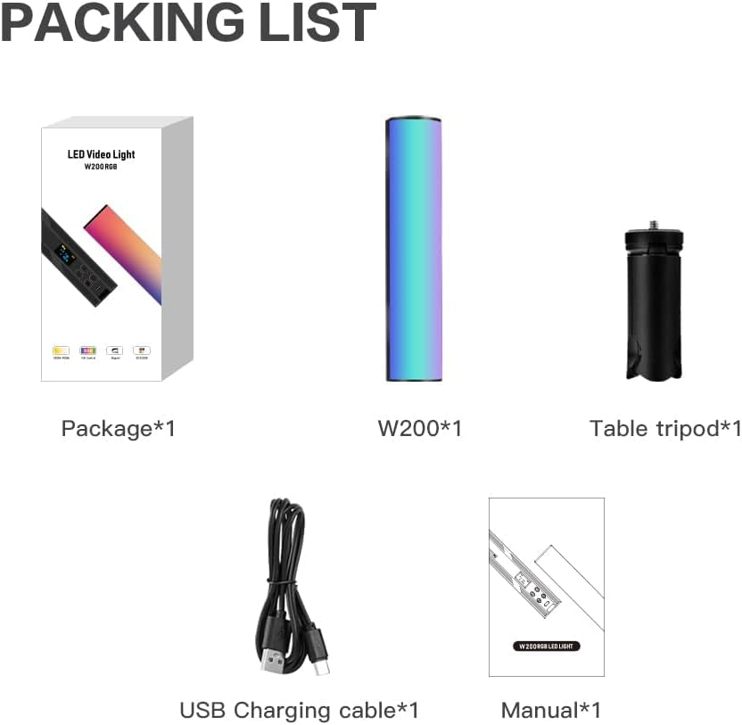 W200 Handheld RGB Light Wand, 200Mm RGB Light Bar 360&deg; Full Color Portable Photography Lighting with Magnet and Bi-Color CCT Mode. CRI 95+ 2500-9000K Dimmable Camera Light Illumination 800Lux /0.3M , 20 Color Effects 7W Power 3000Mah Lithium-Ion Battery (Type C Rechargeable) One Tripod and One USB Cable Inclued. image number 4