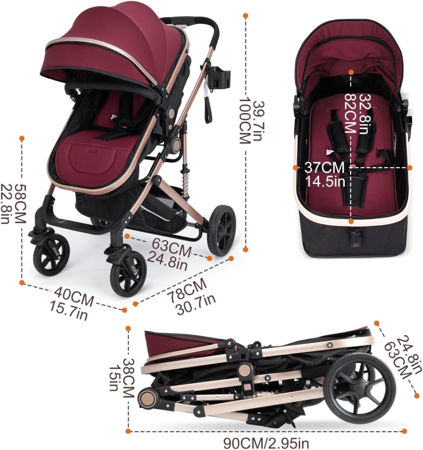 3-In-1 Baby Stroller Pram & Bassinet | Travel Pram with Shock Absorption, Reversible Seat & One-Hand Fold | High View, 5-Point Harness & 50KG Capacity | Wine Red Canopy with UPF 50+ image number 4