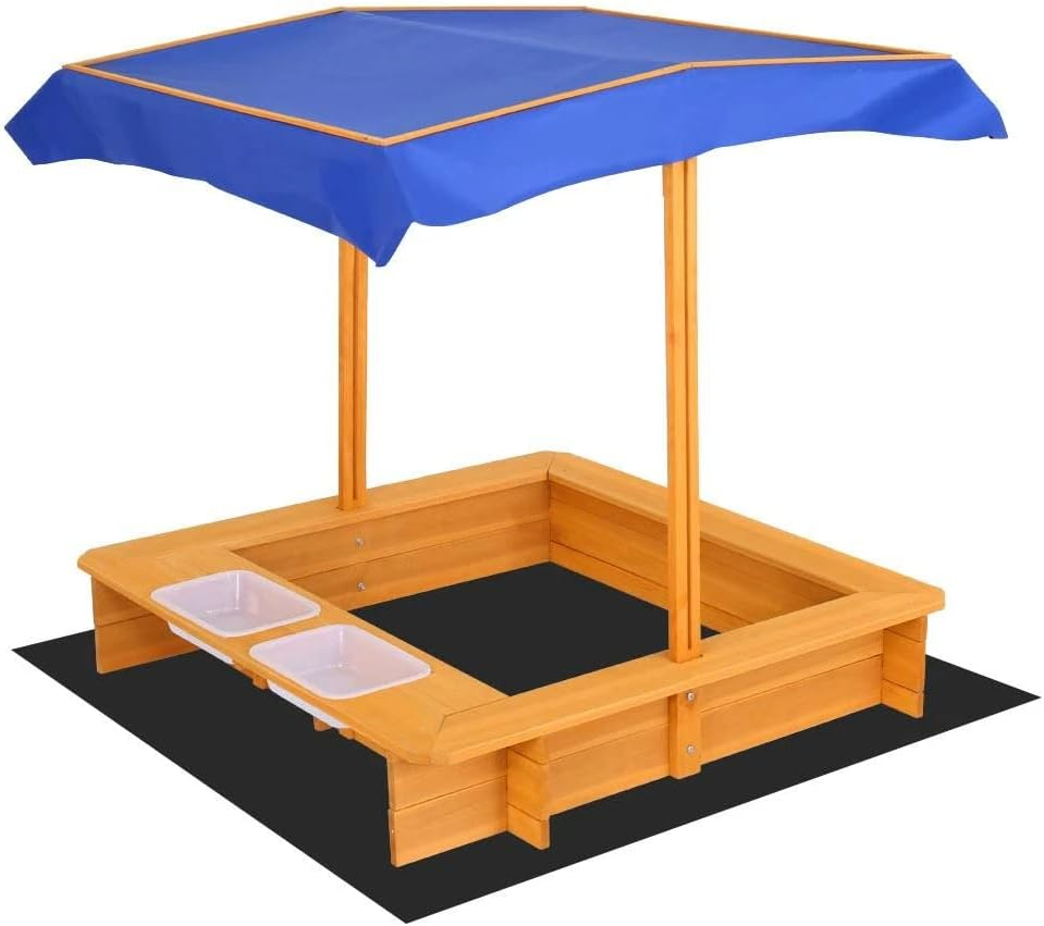 Keezi Kids Sandpit, Wooden Water Table Sand Pit Play Toys Sandcastle Garden Patio Beach Activity Outdoor Toy Games, with Adjustable Canopy Ground Sheet 2 Basins Nature Wood image number 5