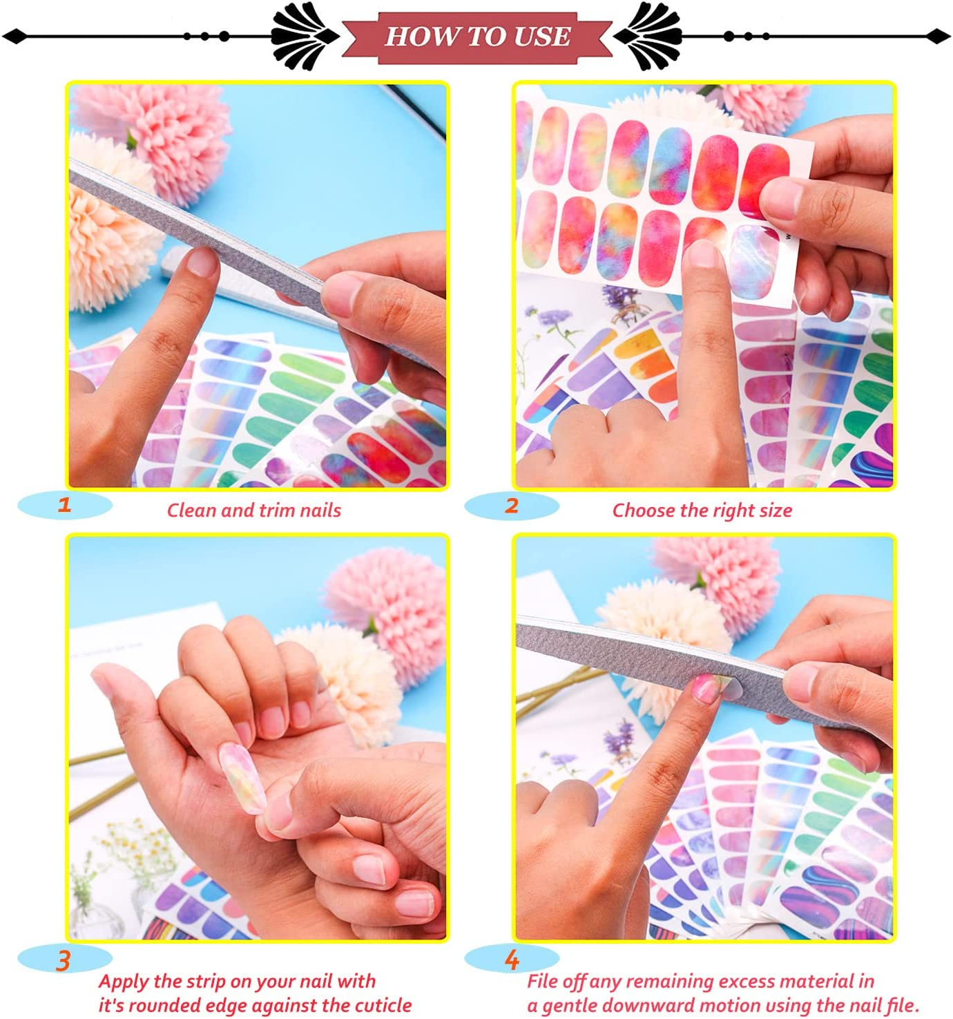 JERCLITY 24 Sheet Solid Color Nail Polish Strips - Press on Nail Stickers & Wraps for Women'S Nail Art with Nail File