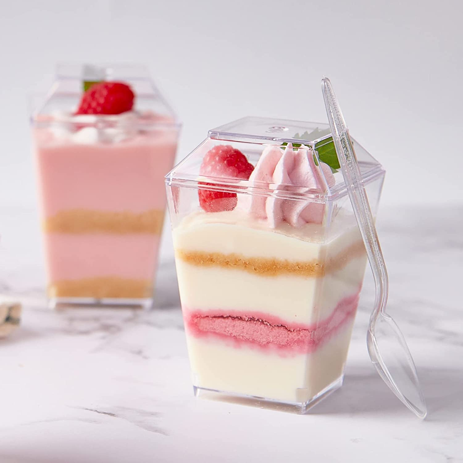 Qeirudu 50 Pack 5 Oz Square Dessert Cups with Lids and Spoons - Clear Plastic Parfait Cup, Mini Pudding Cups, Appetizer Shooter Glasses for Mousse Fruit Ice Cream image number 5