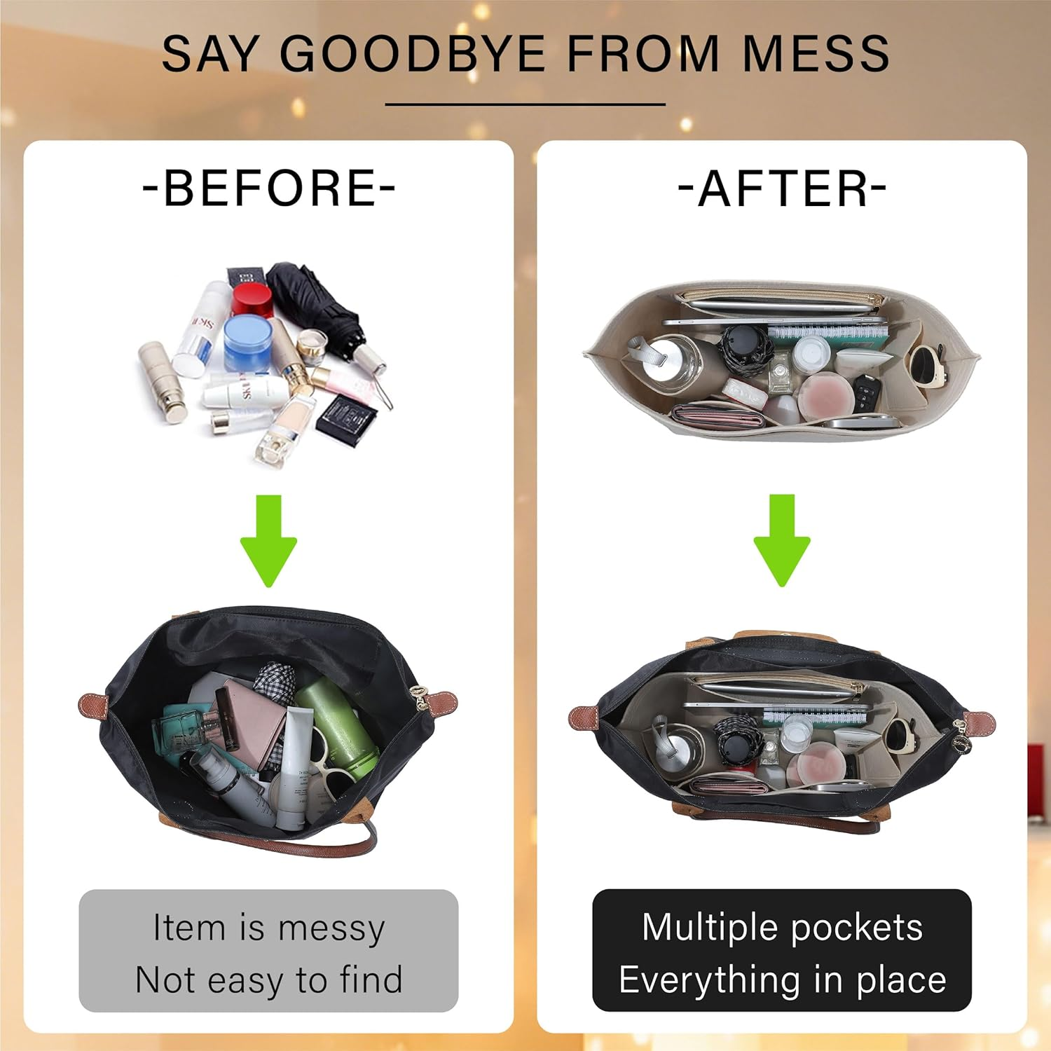 Oaikor Premium Felt Purse Organizer Insert for Longchamp Le Pliage S Handbag,Zipper Small Handbag Organizer with Cup Holder,Bags Storage Divider with 8 Upgraded Deepened Compartments,S/Beige image number 7