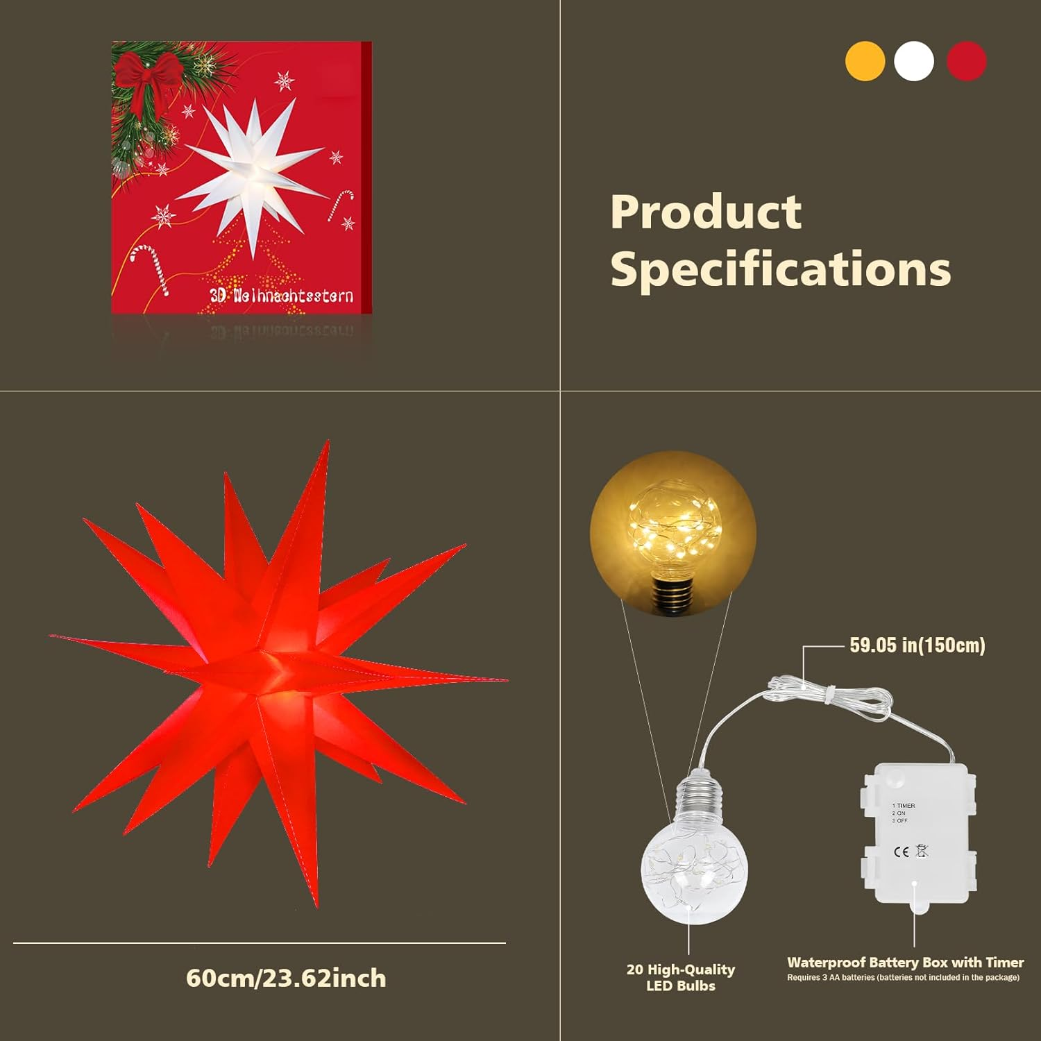 BAYHT 60 Cm Christmas Star Illuminated, 3D LED Christmas Tree Topper, Star Battery with Timer, Advent Star for Decorating Christmas Tree, Courtyard, Balcony and Garden image number 2