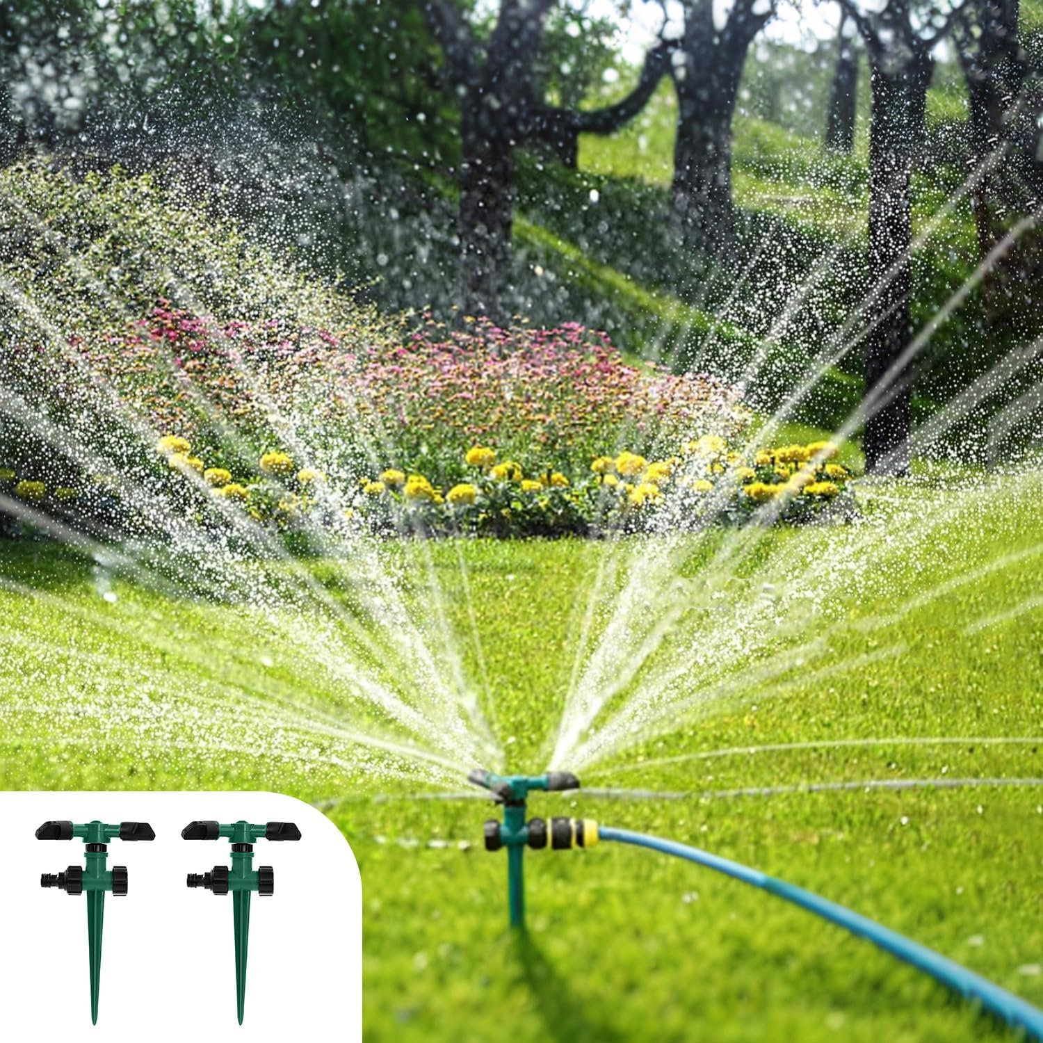 Proxima Direct 2 Pack Yard Sprinkler 360&deg; Rotating Lawn Sprinkler with up to 3,000 Sq. Ft Coverage - Adjustable, Weighted Gardening Watering System (Green) image number 6
