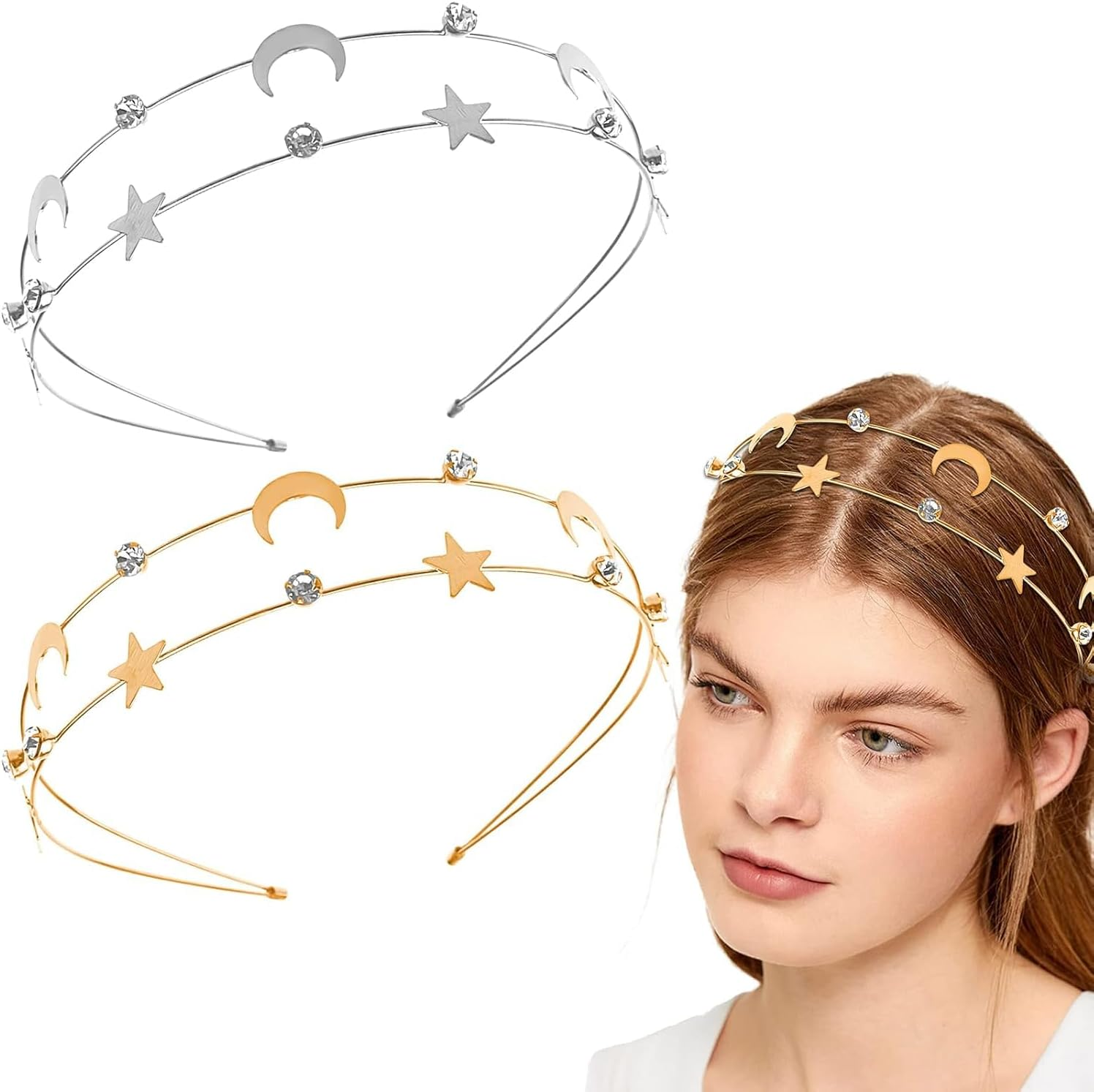 TELAIN Women'S Star Headband Set of 2 in Gold and Silver with Rhinestones, Comfortable and Durable, for Festivals and Everyday Use image number 2
