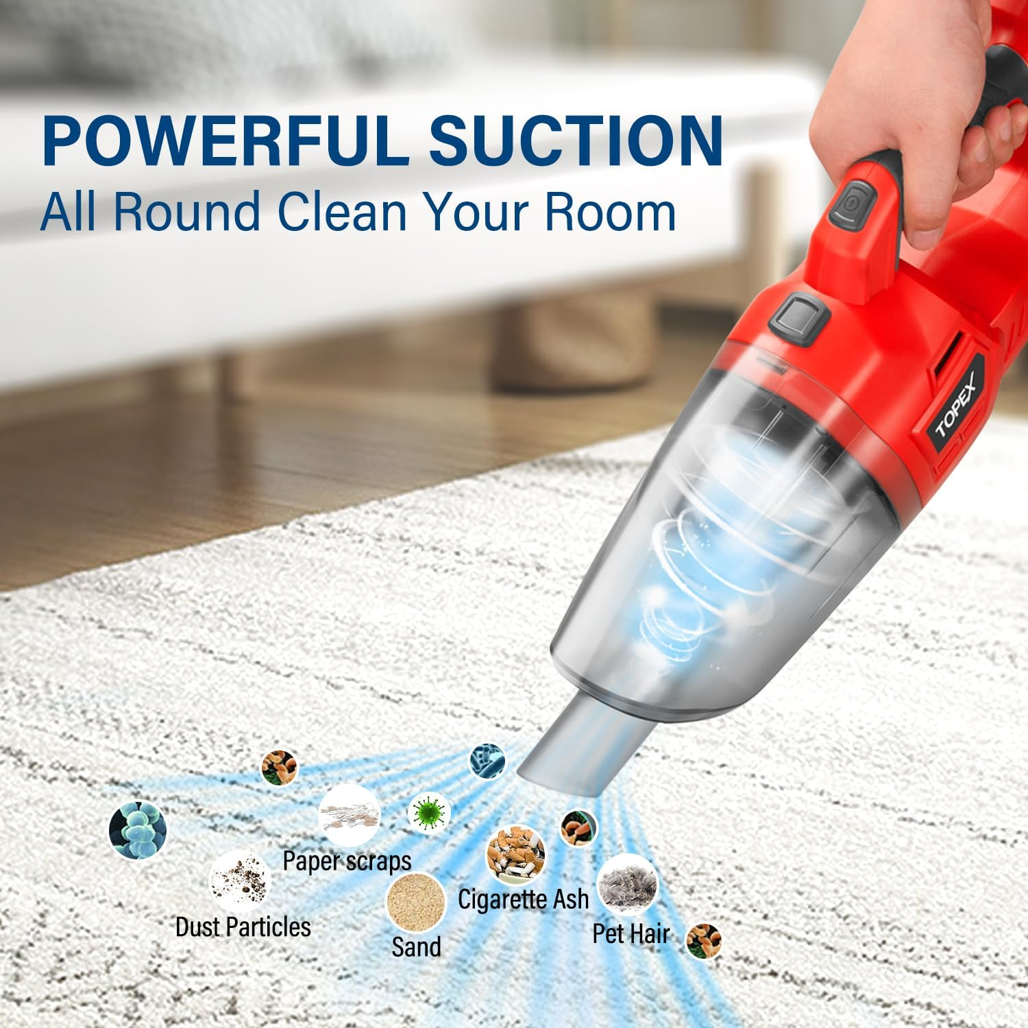 TOPEX 20V 120W Cordless Handheld Vacuum Cleaner Wet and Dry Handheld Car Vacuum Cleaner High Suction Lightweight Powerful Cleaning for Car Desktop,Hard Floor, Carpet, Pet Hair image number 4