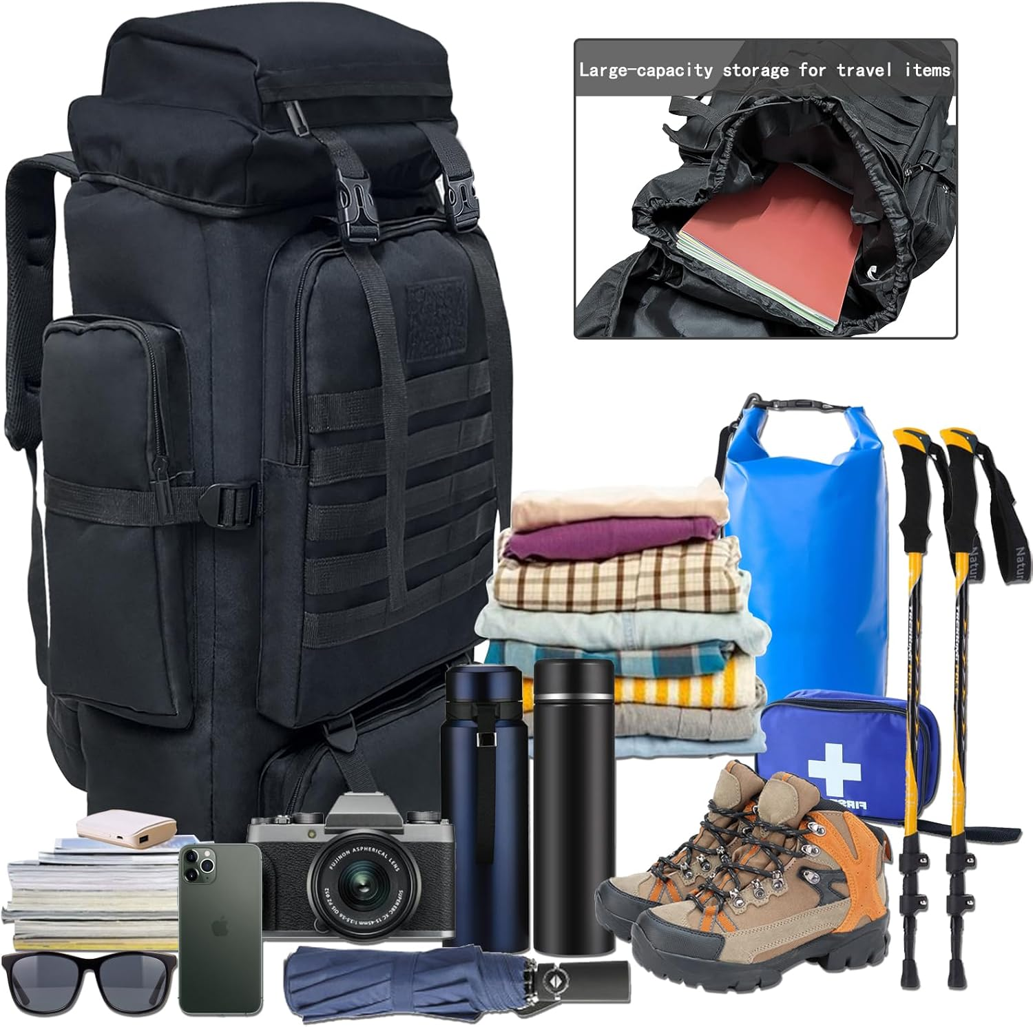 80L Hiking Backpack Camping Rucksack, 80 Liters Large Capacity Outdoor Knapsack Travel Climbing Mountaineering Carry on Backpack Bag, Trekking Backpacking for Men Women, Black image number 4