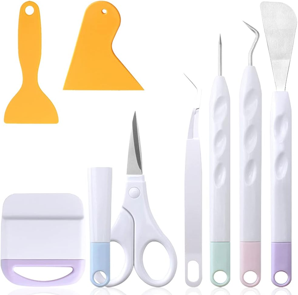 Weeding Tools for Vinyl, Finegood 8 PCS Weeding Tool Set Basic Craft Removal Kits Scissors Scraper Spatula Tweezers for Die Cut Cardstock Scrapbooking image number 5