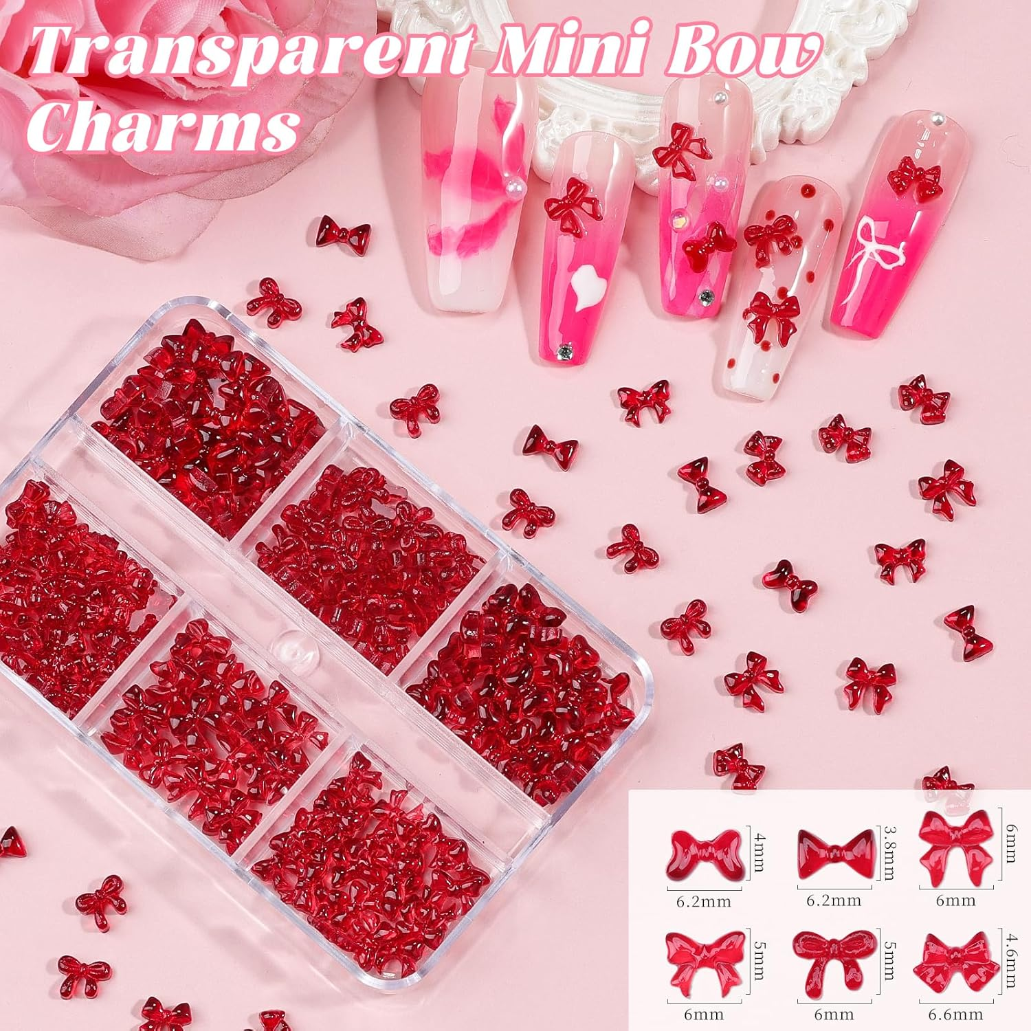 2 Boxes 3D Bow Nail Charms, Red Mini Bow Charms Transparent/Solid Resin Bow with Pickup Tools for Women Nail Decorations DIY Craft - 2B-Purple image number 5