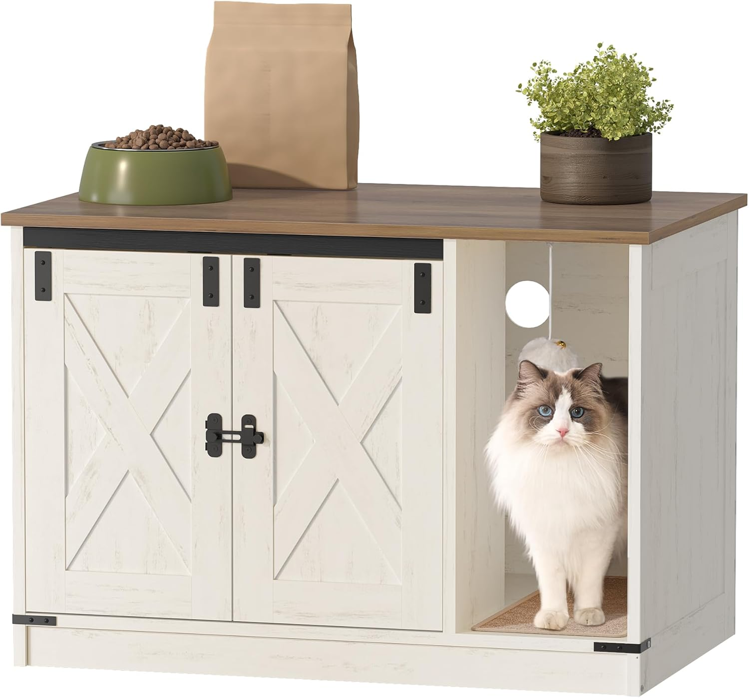 Hzuaneri Cat Litter Box Enclosure, Hidden Litter Box Cabinet Furniture with Bell, Indoor Cat House, Farmhouse Style, 31.5 X 19.7 X 20.9Inches, for Hallway, Bedroom, Rustic Brown and White CB82414X image number 6