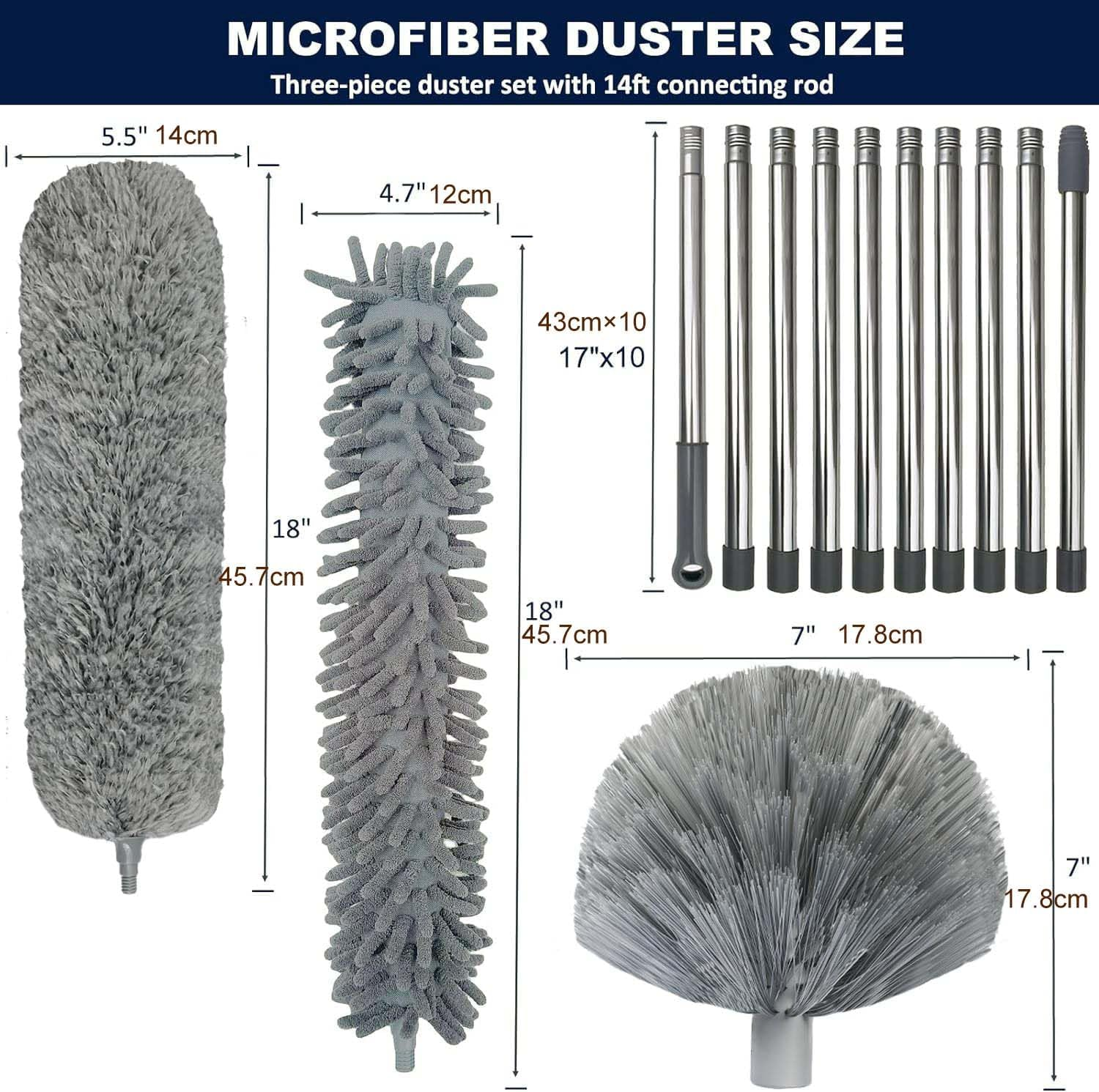 DIMBRAH Extendable Microfiber Duster Set with 4.3Meter Extension Pole, 3 Interchangeable Heads, High Ceiling Cobweb Cleaner for Indoor & Outdoor Use, Gray image number 1