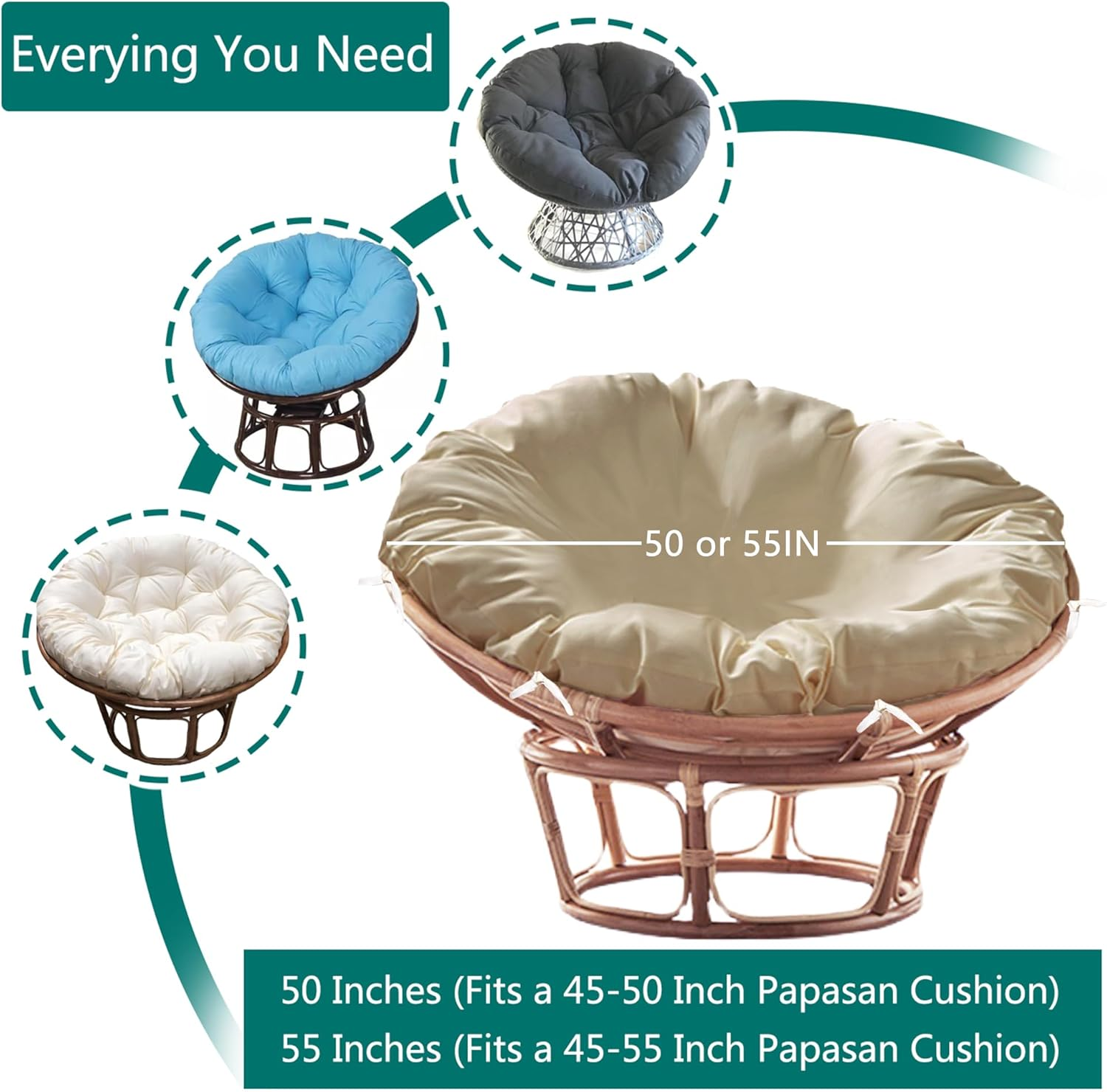 Sqodok Papasan Cushion Cover Only, 50In, Beige, Quilted, Water Resistant, Machine Washable, Indoor/Outdoor, Porch Swing, Sofa, Papasan Chair image number 5