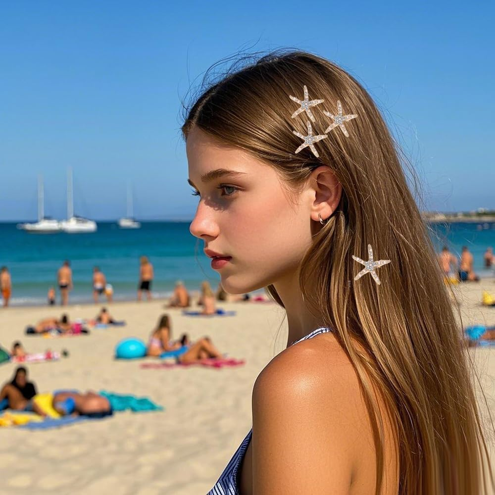 Yeenano Starfish Hair Clips,4 Pcs Pearl Starfish Rhinestones Hair Clips Starfish Pearl No Slip Mermaid Accessories Hairs Barrettes for Girl Woman Hairs Accessories Bridal Decoration Beach image number 6
