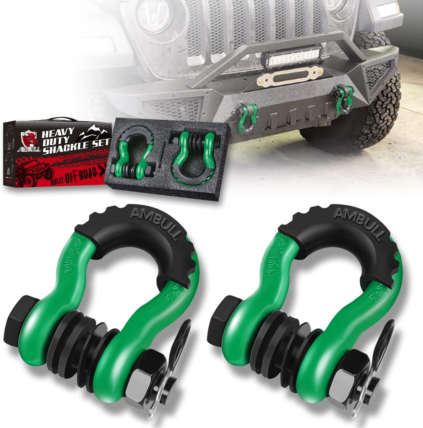 AMBULL Shackles 3/4 Inch D Ring Shackle (2 Pack) 41,850Lb Break Strength with 7/8 Inch Pin, Isolator and Washer Kits for Use with Tow Strap, Winch, Off-Road Jeep Truck Vehicle Recovery, Red