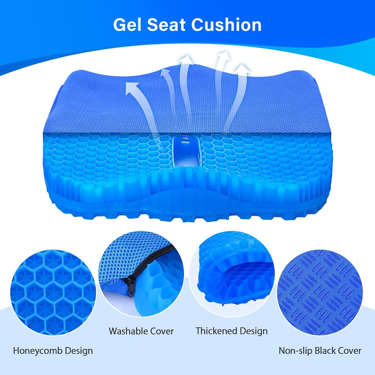 Bilbear Thicker Gel Seat Cushion,Large Gel Cushion for Office Chair,Breathable Chair Seat Pad,Pressure Relief Pad for Wheelchair&zwnj;,Car,Home & Kayaks (Blue) - Blue image number 5
