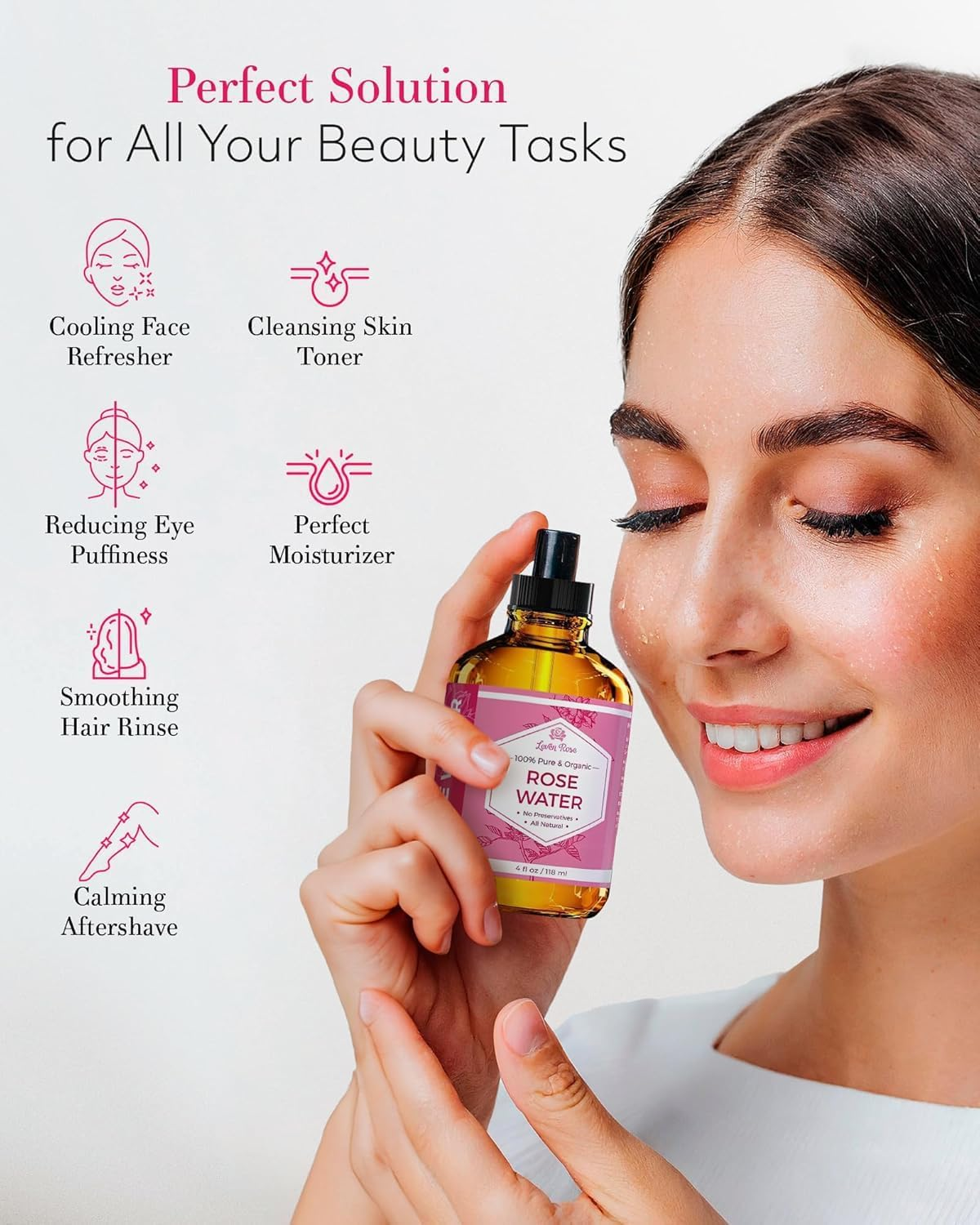 Rose Water Facial Toner by Leven Rose, 100% Pure Natural Moroccan Rosewater Hydrosol Face Spray 4 Oz image number 3