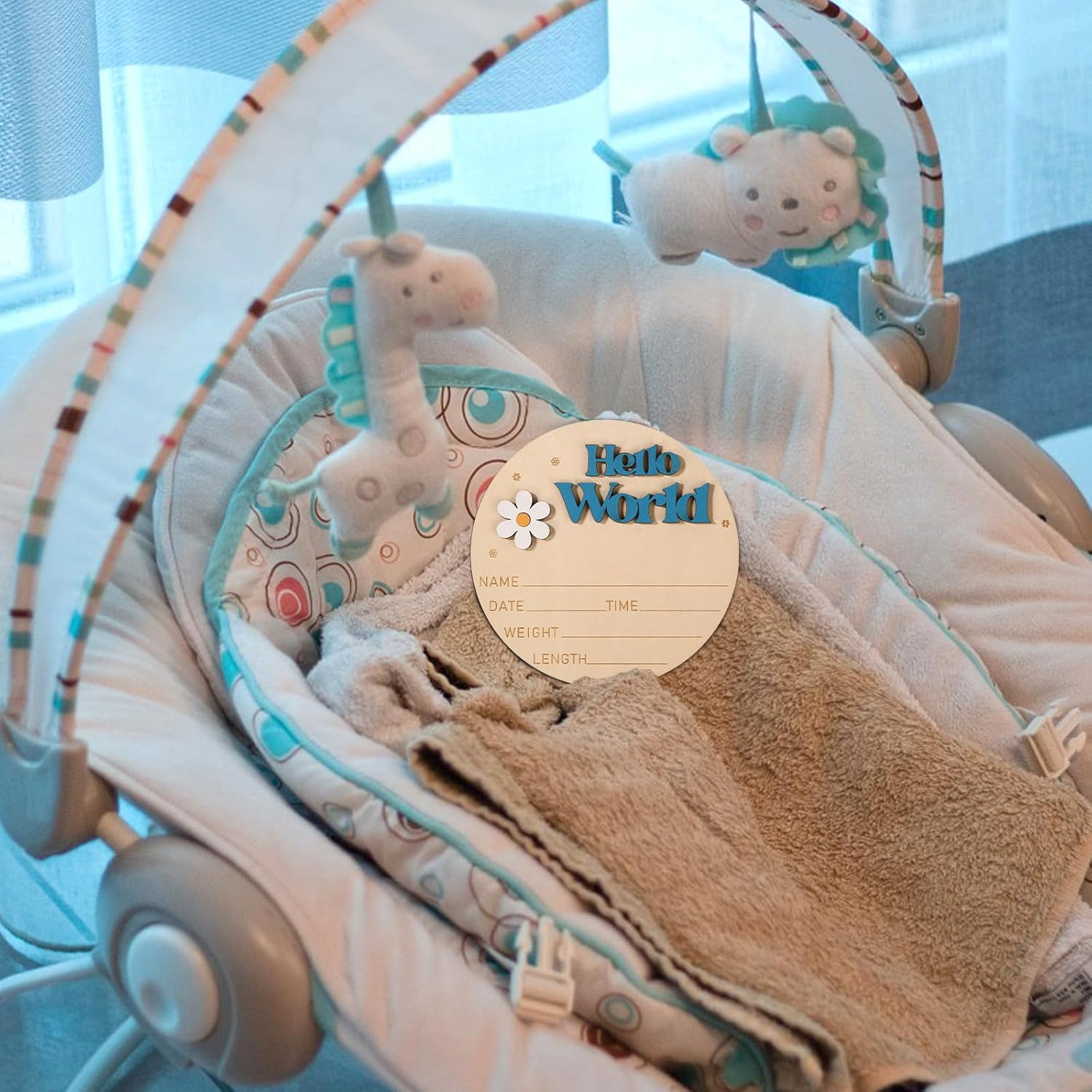 Baby Announcement Sign, 5.9 Inch Wooden Hello World Sign Gender Reveal Birth Announcement Board Newborn Welcome Sign Baby Name Plaques Gifts for Photo Prop Nursery Hospital Girl Boy(Blue) image number 4